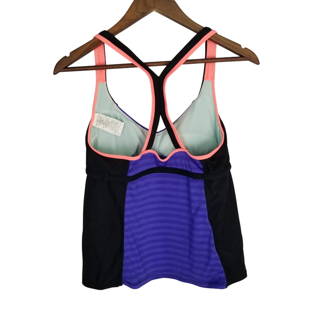 Nike Womens Tankini Top Size 12 Purple Black Coral Striped Racerback Swimwear - Picture 2 of 10